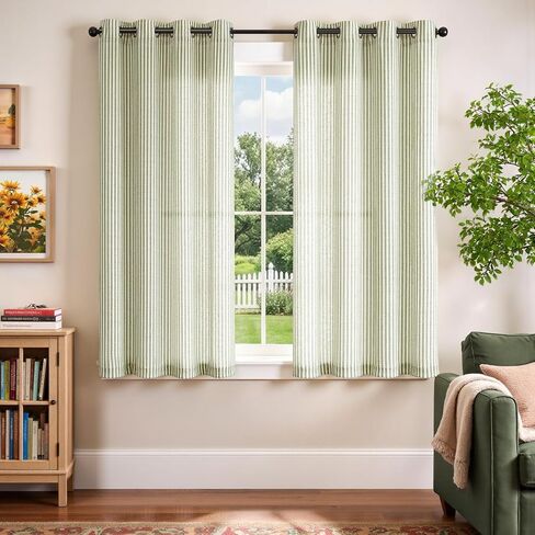 ستائر Vangao مخططة باللون الأخضر بطول 63 بوصة لغرفة المعيشة وغرفة النوم والكتان والمزرعة وتصفية الضوء وستائر النوافذ المطبوعة وستائر جروميت العلوية 2 لوح أخضر على بيج in Kuwait