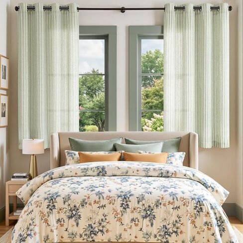 ستائر Vangao مخططة باللون الأخضر بطول 63 بوصة لغرفة المعيشة وغرفة النوم والكتان والمزرعة وتصفية الضوء وستائر النوافذ المطبوعة وستائر جروميت العلوية 2 لوح أخضر على بيج in Kuwait