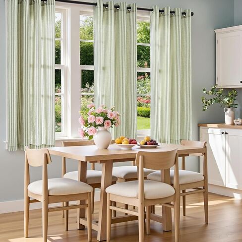 ستائر Vangao مخططة باللون الأخضر بطول 63 بوصة لغرفة المعيشة وغرفة النوم والكتان والمزرعة وتصفية الضوء وستائر النوافذ المطبوعة وستائر جروميت العلوية 2 لوح أخضر على بيج in Kuwait