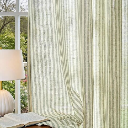 ستائر Vangao مخططة باللون الأخضر بطول 63 بوصة لغرفة المعيشة وغرفة النوم والكتان والمزرعة وتصفية الضوء وستائر النوافذ المطبوعة وستائر جروميت العلوية 2 لوح أخضر على بيج in Kuwait