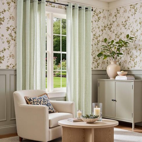 ستائر Vangao مخططة باللون الأخضر بطول 63 بوصة لغرفة المعيشة وغرفة النوم والكتان والمزرعة وتصفية الضوء وستائر النوافذ المطبوعة وستائر جروميت العلوية 2 لوح أخضر على بيج in Kuwait