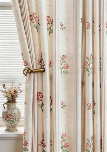 Pinch Pleated Pink Floral Block Print Linen Blend Curtains 84 Inches, Semi-Sheer Light Filtering Vintage Country Drapes for Baby Girl Nursery Girls Bedroom, 2 Panels Set in Kuwait