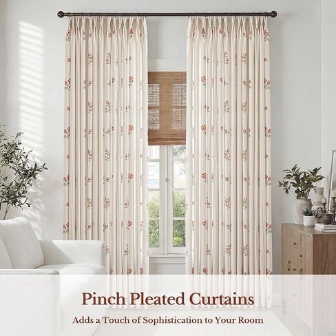 Pinch Pleated Pink Floral Block Print Linen Blend Curtains 84 Inches, Semi-Sheer Light Filtering Vintage Country Drapes for Baby Girl Nursery Girls Bedroom, 2 Panels Set in Kuwait