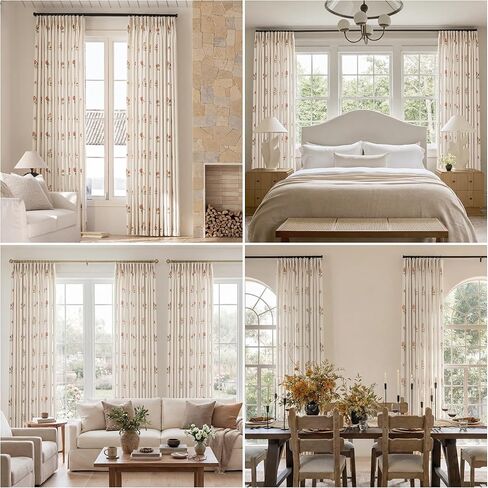 Pinch Pleated Pink Floral Block Print Linen Blend Curtains 84 Inches, Semi-Sheer Light Filtering Vintage Country Drapes for Baby Girl Nursery Girls Bedroom, 2 Panels Set in Kuwait