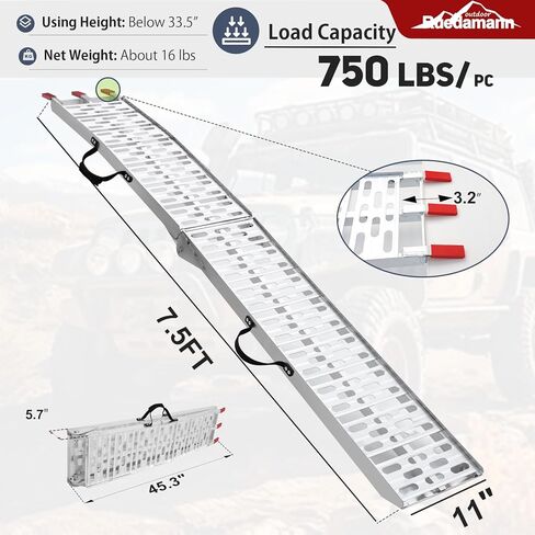 Ruedamann 7.5FT منحدر دراجة نارية من الألومنيوم، سعة 750 رطل، منحدر شاحنة قابل للطي للمركبة، دراجة نارية، جزازة العشب، دراجة ترابية، جر لوحة مضلعة، أصابع مطاطية، أشرطة تحميل متضمنة، قطعة واحدة in Kuwait