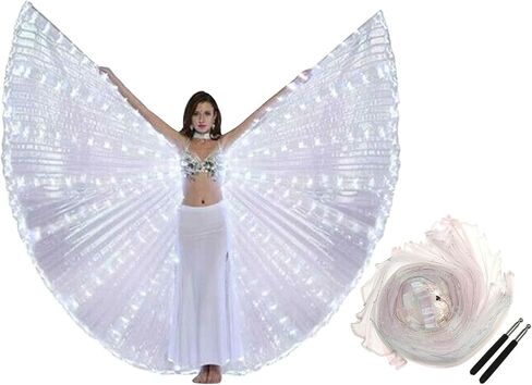 أجنحة إيزيس LED تتوهج بأجنحة الرقص الشرقي، تضيء الجناح الجني مع العصي التليسكوبية، زي الرقص الشرقي بجناح LED، لحفلات عيد الهالوين باللون الأبيض in Kuwait