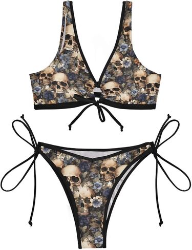 Skull Floral Women's Front Tie Bikini 2 Piece Lace Up Swimsuit for Pool Beach Party XS in Kuwait