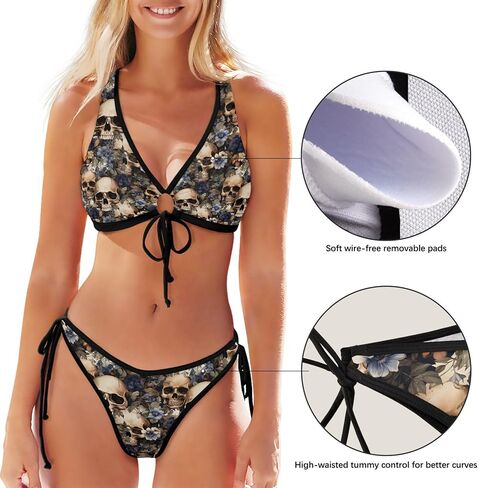 Skull Floral Women's Front Tie Bikini 2 Piece Lace Up Swimsuit for Pool Beach Party XS in Kuwait