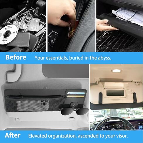 2 Packs Car Sun Visor Organizer with Pocket, Slim Leather Sun Visor Storage Pouch with Zipper, Mesh Pocket, Card Sleeves, Visor Sunglasses Holder for Cars, SUVs, Trucks, Sedan Universal Fit (Beige) in Kuwait