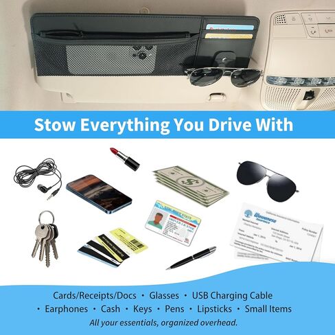 2 Packs Car Sun Visor Organizer with Pocket, Slim Leather Sun Visor Storage Pouch with Zipper, Mesh Pocket, Card Sleeves, Visor Sunglasses Holder for Cars, SUVs, Trucks, Sedan Universal Fit (Beige) in Kuwait