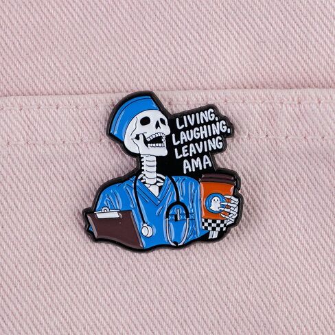 Living Laughing Leaving AMA Skeleton Enamel Pin, Medical Humor Pin Brooch For ER RN Nurse Doctor Healthcare Worker, Funny Dark Humor Brooch Badge For Medical Student Nursing Staff, Sarcastic Night Shift Nurse Lapel Badges, Scrub Life Gift Accessory in Saudi Arabia