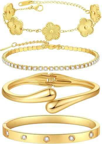 PDWZNBA 18K Gold-Plated Bracelet Set – Floral Clover, Tennis, Chunky Adjustable Twist Cuff, Classic Gold-plated Bangle Stainless Steel, Non Tarnish, Stackable Bracelet Gift for Women in Saudi Arabia