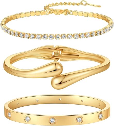 PDWZNBA 18K Gold-Plated Bracelet Set – Floral Clover, Tennis, Chunky Adjustable Twist Cuff, Classic Gold-plated Bangle Stainless Steel, Non Tarnish, Stackable Bracelet Gift for Women in Saudi Arabia