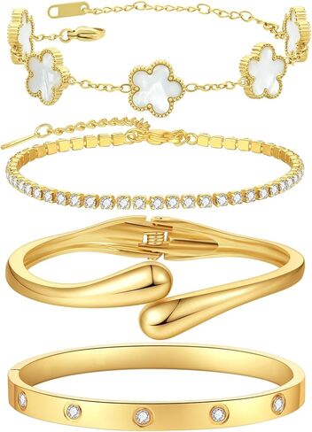 PDWZNBA 18K Gold-Plated Bracelet Set – Floral Clover, Tennis, Chunky Adjustable Twist Cuff, Classic Gold-plated Bangle Stainless Steel, Non Tarnish, Stackable Bracelet Gift for Women in Saudi Arabia
