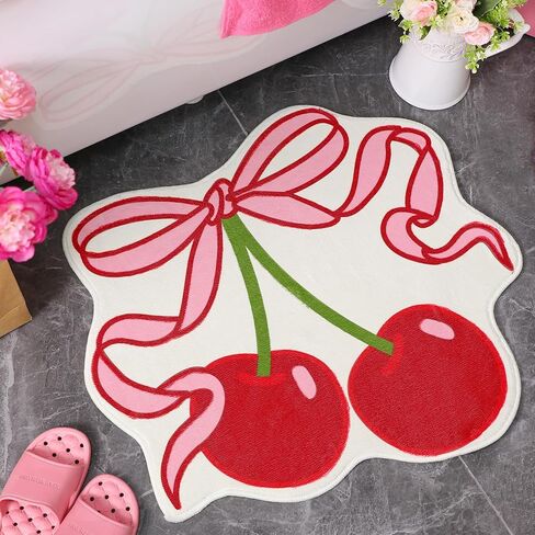 Duraaamo Cherry Bow Bathroom Rug Cute Cherry Decor for Kitchen Bath Mat 23.62 x 21.26 Pink Bow Rug Non Slip Absorbent Coquette Carpet Fruit Bathroom Decor for Living Room Home Bathtub in Kuwait