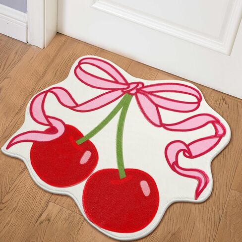 Duraaamo Cherry Bow Bathroom Rug Cute Cherry Decor for Kitchen Bath Mat 23.62 x 21.26 Pink Bow Rug Non Slip Absorbent Coquette Carpet Fruit Bathroom Decor for Living Room Home Bathtub in Kuwait