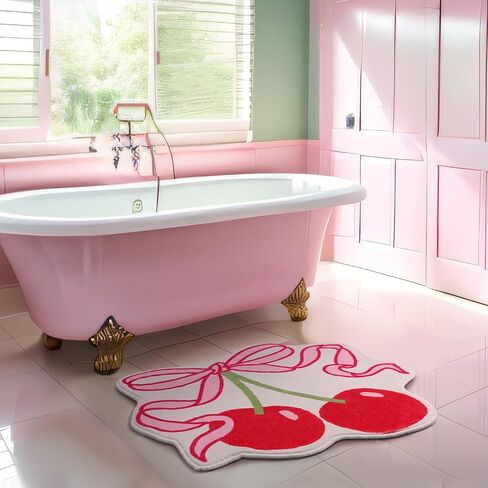 Duraaamo Cherry Bow Bathroom Rug Cute Cherry Decor for Kitchen Bath Mat 23.62 x 21.26 Pink Bow Rug Non Slip Absorbent Coquette Carpet Fruit Bathroom Decor for Living Room Home Bathtub in Kuwait