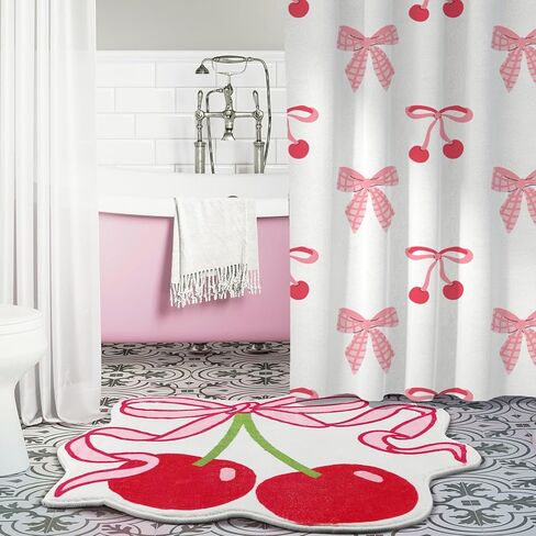 Duraaamo Cherry Bow Bathroom Rug Cute Cherry Decor for Kitchen Bath Mat 23.62 x 21.26 Pink Bow Rug Non Slip Absorbent Coquette Carpet Fruit Bathroom Decor for Living Room Home Bathtub in Kuwait