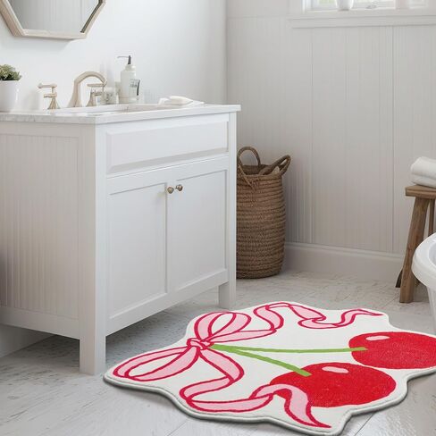 Duraaamo Cherry Bow Bathroom Rug Cute Cherry Decor for Kitchen Bath Mat 23.62 x 21.26 Pink Bow Rug Non Slip Absorbent Coquette Carpet Fruit Bathroom Decor for Living Room Home Bathtub in Kuwait