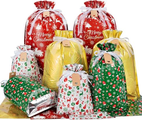 Asoulin Christmas Drawstring Gift Bags with Tags - 32 PCS Stand Up Gift Bags Assorted Sizes Large Medium Small Foil Gift Wrapping Bags for Birthday, Goodies, Xmas Holiday Party Decoration Supplies in Kuwait