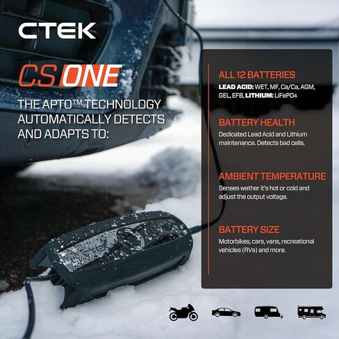 CTEK 40-704 CS ONE (Gen 2) with WiFi, 12V Smart Battery Charger and Trickle Charger with App Control, Remote Monitoring, Adaptive Charging and Polarity-Free Clamps for Cars and Motorcycles in Kuwait