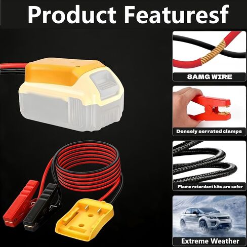 كابلات توصيل 2FT للسيارة مع محول، سلك سيليكون 8AWG مشبك التمساح، كابل توصيل السيارة، يستخدم لبدء تشغيل بطاريات السيارة أو الأدوات، متوافق مع بطاريات DE.Walt 20V. in Kuwait
