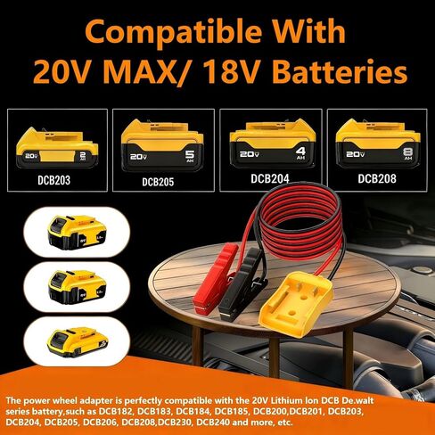 كابلات توصيل 2FT للسيارة مع محول، سلك سيليكون 8AWG مشبك التمساح، كابل توصيل السيارة، يستخدم لبدء تشغيل بطاريات السيارة أو الأدوات، متوافق مع بطاريات DE.Walt 20V. in Kuwait