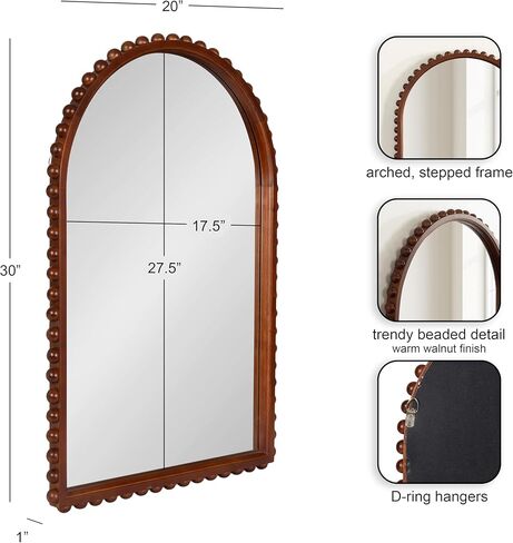 Kate and Laurel Beadbrook Modern Beaded Arched Mirror, 20 x 30, Walnut Brown, Transitional Arch Wall Mirror for Use as Bathroom Mirror or Entryway Mirror Decor in Saudi Arabia