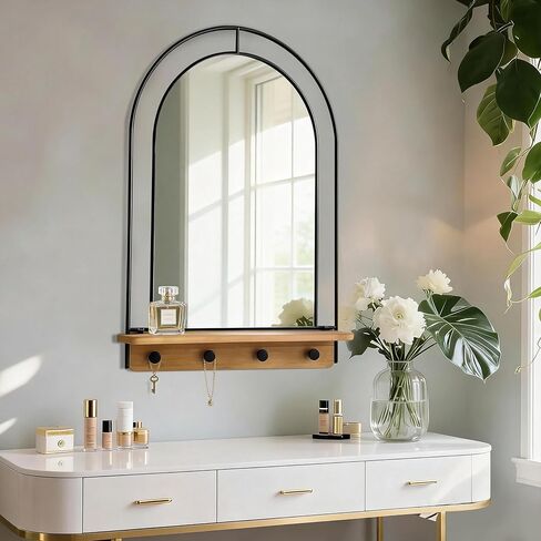 Wall Mirror with Foldable Wood Shelf, Black Bathroom Mirror with 4 Metal Hooks, 20x30 inches Arch Makeup Vanity Mirrors Decorative for Entryway, Bedroom, Dressing Room in Kuwait