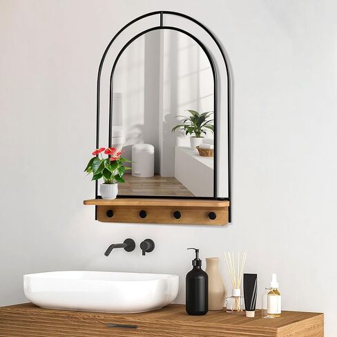 Wall Mirror with Foldable Wood Shelf, Black Bathroom Mirror with 4 Metal Hooks, 20x30 inches Arch Makeup Vanity Mirrors Decorative for Entryway, Bedroom, Dressing Room in Kuwait