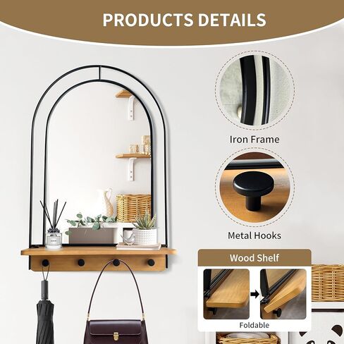 Wall Mirror with Foldable Wood Shelf, Black Bathroom Mirror with 4 Metal Hooks, 20x30 inches Arch Makeup Vanity Mirrors Decorative for Entryway, Bedroom, Dressing Room in Kuwait