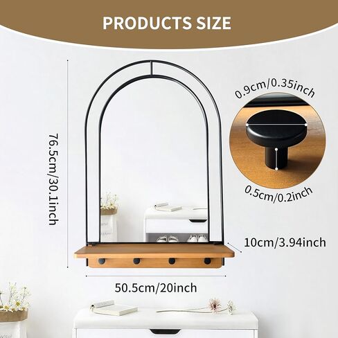 Wall Mirror with Foldable Wood Shelf, Black Bathroom Mirror with 4 Metal Hooks, 20x30 inches Arch Makeup Vanity Mirrors Decorative for Entryway, Bedroom, Dressing Room in Kuwait