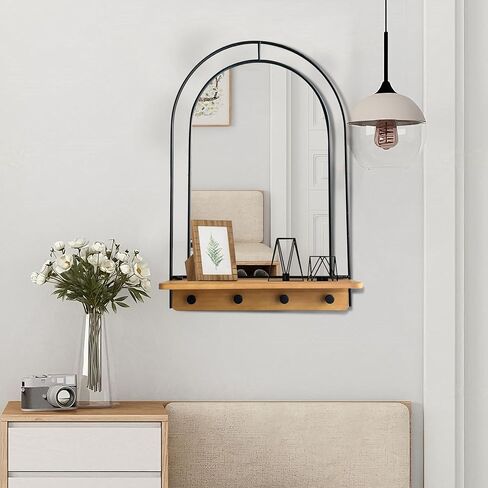 Wall Mirror with Foldable Wood Shelf, Black Bathroom Mirror with 4 Metal Hooks, 20x30 inches Arch Makeup Vanity Mirrors Decorative for Entryway, Bedroom, Dressing Room in Kuwait