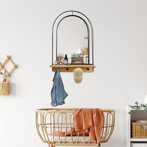 Wall Mirror with Foldable Wood Shelf, Black Bathroom Mirror with 4 Metal Hooks, 20x30 inches Arch Makeup Vanity Mirrors Decorative for Entryway, Bedroom, Dressing Room in Kuwait