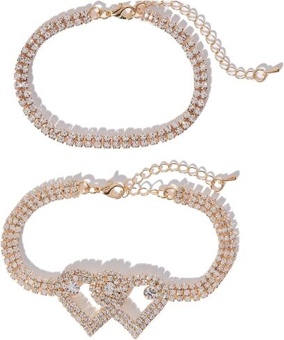 Silver Full Rhinestone Love Heart Anklets, Adjustable Double Layer Statement Anklets, Fashionable Beach Vacation Jewelry Gifts for Women in Kuwait