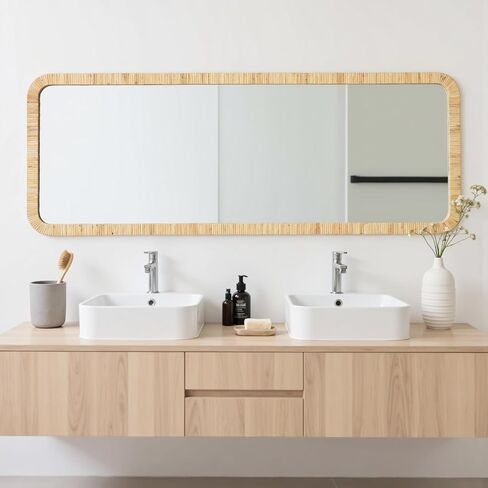 مرآة طويلة من الروطان بطول 45.72 سم × 112.7 سم، مرآة من الخيزران بطول كامل، مستطيلة بإطار خشبي، مرآة أرضية لكامل الجسم، مرآة خوص على الجدار، مرآة للحمام، مدخل غرفة المعيشة، غرفة النوم in Kuwait