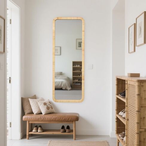 مرآة طويلة من الروطان بطول 45.72 سم × 112.7 سم، مرآة من الخيزران بطول كامل، مستطيلة بإطار خشبي، مرآة أرضية لكامل الجسم، مرآة خوص على الجدار، مرآة للحمام، مدخل غرفة المعيشة، غرفة النوم in Kuwait