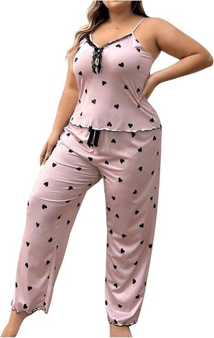 WDIRARA Women's Plus Size Heart Print Slim Fit Sexy Sleepwear Set Lace Trim V Neck Cami Top and Pants Pajama Set in Saudi Arabia