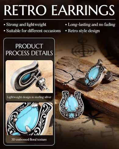 Horse Shoe Turquoise Stud-Earrings for Women – 925-Sterling-Silver Vintage Western Country Jewelry Gift for Mom on Birthday Mother's Day in Kuwait