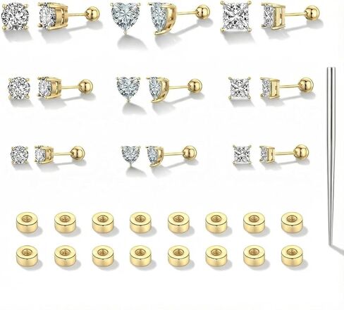 TOPBRIGHT 9 Pairs 20G Hypoallergenic Flat Back Earrings for Women Men - 14K Gold Plated & Silver Stainless Steel Studs, CZ 3-7mm, Perfect for Cartilage & Multiple Piercings, Sensitive Ears Friendly in Kuwait