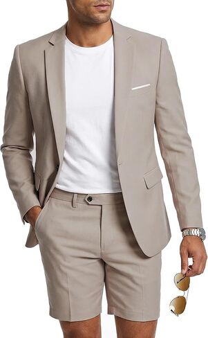 MY'S Men's 2 Piece Slim Fit Suit, One Button Blazer and Short Pants Set with Tie Red in Saudi Arabia