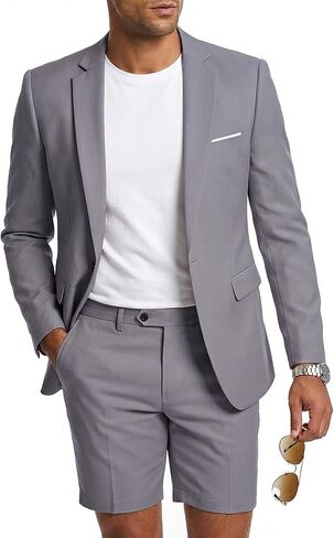 MY'S Men's 2 Piece Slim Fit Suit, One Button Blazer and Short Pants Set with Tie Red in Kuwait