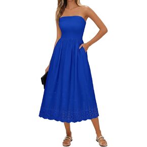 Lazysmile Summer Boho Maxi Dress for Women Strapless Tube Top Lace Trim A Line Beach Casual Long Dress in Kuwait