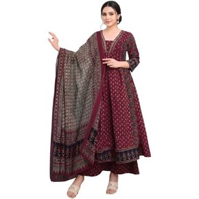 Anarkali Kurta Set for Women Rayon Printed Anarkali Kurti Pant Dupatta Set 3/4 Sleeve Maroon Festive Wear in Saudi Arabia