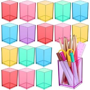 18 Pack Colorful Clear Acrylic Pen Holder Colorful Desktop Pencil Cup Acrylic Square Pencil Organizer Makeup Brush Holder Desk Pencil Cup Stationery Organizer for Desk Dorm Home Office Supply in Kuwait