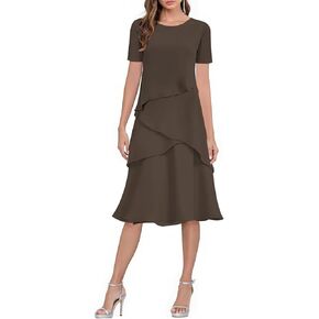 فساتين أم العروس مكشكشة بطول الشاي للنساء بأكمام قصيرة من الشيفون لحفلات الزفاف وحفلات الكوكتيل in Kuwait