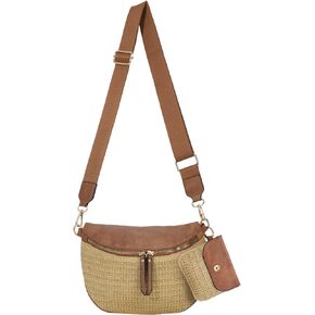 KUANG! Straw PU Leather Crossbody Sling Bag Bum Bag Summer Beach Handbags Wallets for Women with Small Purse in Saudi Arabia