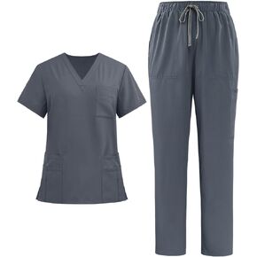 Women Scrub Set 12 Pockets Solid Stretch Scrubs Set Nurse Medical Uniform Workwear Mock Wrap Top and Straight-Leg in Kuwait