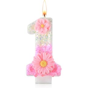 Pink 1 Candle, One Candle for First Birthday Girl, 2.8 Inch Glitter First Birthday Candles with Tray for Girls Princess & Garden Parties (Pink) in Kuwait