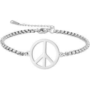 LIKGREAT Adjustable World Peace Symbol Bracelet for Women Stainless Steel Pendant Box Chain 1970s Jewelry in Kuwait